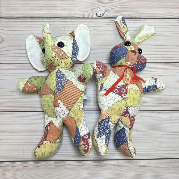 VTG 80s Faux Patchwork Quilt Bunny & Elephant 12” Stuffed Animal Plush Set of 2 - Picture 10 of 16